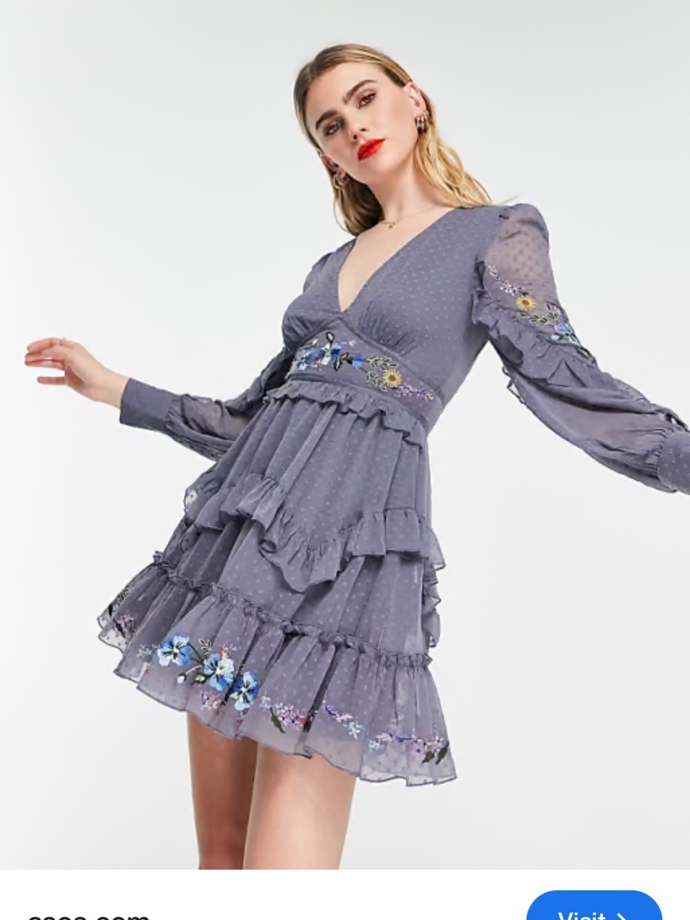 NWT ASOS Design Ruffle Front Mini Tea Floral Tiered V-Neck Embroidered Dress 6